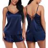 imageRSLOVE Women V Neck Sexy Lingerie Satin Sleepwear Pajamas Cami Shorts Set NightwearBlue