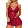 imageRSLOVE Womens Pajama Sets Lace Lingerie Sets 2 Piece Cami Shorts Set PJ Set Sleepwear NightwearWine Red