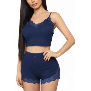 imageRSLOVE Pajamas Set Womens VNeck Sleeveless Sleepwear PJ Set Soft Lace Cami Set with Short Pants NightwearBlue