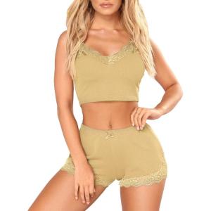 imageRSLOVE Pajamas Set Womens VNeck Sleeveless Sleepwear PJ Set Soft Lace Cami Set with Short Pants NightwearKhaki