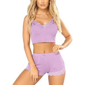imageRSLOVE Pajamas Set Womens VNeck Sleeveless Sleepwear PJ Set Soft Lace Cami Set with Short Pants NightwearLavender