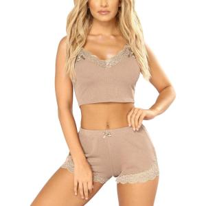 imageRSLOVE Pajamas Set Womens VNeck Sleeveless Sleepwear PJ Set Soft Lace Cami Set with Short Pants NightwearLight Khaki