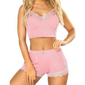 imageRSLOVE Pajamas Set Womens VNeck Sleeveless Sleepwear PJ Set Soft Lace Cami Set with Short Pants NightwearLight Pink