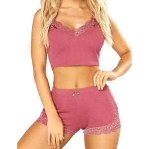 imageRSLOVE Pajamas Set Womens VNeck Sleeveless Sleepwear PJ Set Soft Lace Cami Set with Short Pants NightwearPink