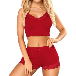 imageRSLOVE Pajamas Set Womens VNeck Sleeveless Sleepwear PJ Set Soft Lace Cami Set with Short Pants NightwearRed