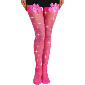 imageRSLOVE Women Thigh High Stockings Sparkly Rhinestone Fishnets with Satin Bow Tights Pantyhose HosieryPink