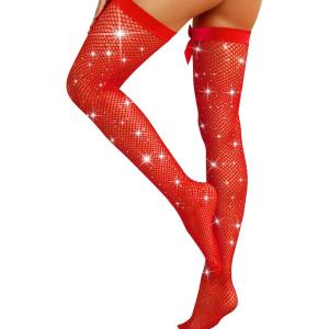 imageRSLOVE Women Thigh High Stockings Sparkly Rhinestone Fishnets with Satin Bow Tights Pantyhose HosieryRed