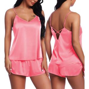 imageRSLOVE Women V Neck Sexy Lingerie Satin Sleepwear Pajamas Cami Shorts Set NightwearPink