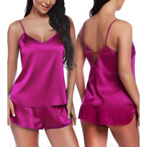 imageRSLOVE Women V Neck Sexy Lingerie Satin Sleepwear Pajamas Cami Shorts Set NightwearPurple