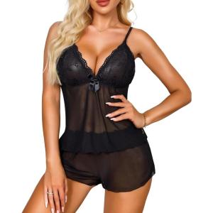 imageRSLOVE Womens Pajama Sets Lace Lingerie Sets 2 Piece Cami Shorts Set PJ Set Sleepwear NightwearBlack