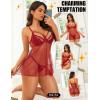 imageRSLOVE Women Sexy Babydoll Lingerie  Lace Sheer Mesh Sleepwear Polka Dots Bridal Chemise Nightie DressWine Red