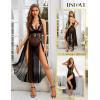 imageRSLOVE Womens Sexy Lingerie Lace Babydoll Sleepwear Mesh Chemise Deep V Neck Nightdress Side Slits NightgownsBlack