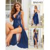 imageRSLOVE Womens Sexy Lingerie Lace Babydoll Sleepwear Mesh Chemise Deep V Neck Nightdress Side Slits NightgownsNavy Blue