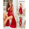 imageRSLOVE Womens Sexy Lingerie Lace Babydoll Sleepwear Mesh Chemise Deep V Neck Nightdress Side Slits NightgownsWine Red