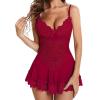 imageRSLOVE Babydoll Lingerie for Women Lace Chemise Sexy Nightgown Sleepwear DressWine Red