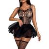 imageRSLOVE Sexy Babydoll Lingerie  3 Piece Exotic Lingerie Sets Fishnet Teddy Bodysuit with Thigh High Stockings and Mini SkirtBlack