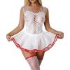 imageRSLOVE Sexy Babydoll Lingerie  3 Piece Exotic Lingerie Sets Fishnet Teddy Bodysuit with Thigh High Stockings and Mini SkirtWhite