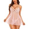 imageRSLOVE Women Sexy Babydoll Lingerie  Lace Sheer Mesh Sleepwear Polka Dots Bridal Chemise Nightie DressPink