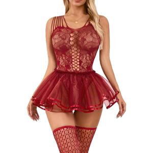 imageRSLOVE Sexy Babydoll Lingerie  3 Piece Exotic Lingerie Sets Fishnet Teddy Bodysuit with Thigh High Stockings and Mini SkirtWine Red