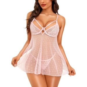imageRSLOVE Women Sexy Babydoll Lingerie  Lace Sheer Mesh Sleepwear Polka Dots Bridal Chemise Nightie DressPink
