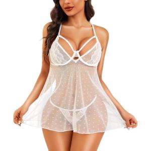 imageRSLOVE Women Sexy Babydoll Lingerie  Lace Sheer Mesh Sleepwear Polka Dots Bridal Chemise Nightie DressWhite