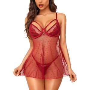 imageRSLOVE Women Sexy Babydoll Lingerie  Lace Sheer Mesh Sleepwear Polka Dots Bridal Chemise Nightie DressWine Red