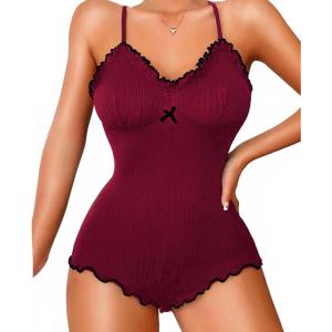 imageRSLOVE Women Sexy Jumpsuits Bodycon Romper Bodysuit Lingerie with Snap Crotch One Piece Teddy Racerback Playsuit OnesiesWine Red