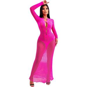 imageRSLOVE Womens Nightgown Sexy Chemise  Lingerie for Women Nightgown Mesh Babydoll Dress Maxi Dress Fishnet BodystockingsNeon Pink