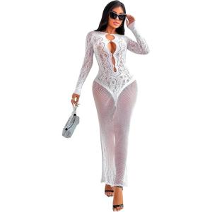 imageRSLOVE Womens Nightgown Sexy Chemise  Lingerie for Women Nightgown Mesh Babydoll Dress Maxi Dress Fishnet BodystockingsWhite
