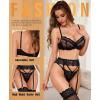 imageRSLOVE Lingerie Set for Women Sexy  Corset Panty Outfits 3 Piece Lace Push Up Underwire with Garter Lingerie Bra And PantyBlack
