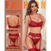 imageRSLOVE Lingerie Set for Women Sexy  Corset Panty Outfits 3 Piece Lace Push Up Underwire with Garter Lingerie Bra And PantyRed