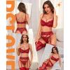 imageRSLOVE Lingerie Set for Women Sexy  Corset Panty Outfits 3 Piece Lace Push Up Underwire with Garter Lingerie Bra And PantyRed