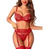 imageRSLOVE Lingerie Set for Women Sexy  Corset Panty Outfits 3 Piece Lace Push Up Underwire with Garter Lingerie Bra And PantyRed