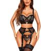 imageRSLOVE Womens Lingerie Sets Sexy  Lace Underwire Bra and Panty Sets with Garter Belt 3 Piece Lingerie for WomenBlack