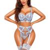 imageRSLOVE Womens Lingerie Sets Sexy  Lace Underwire Bra and Panty Sets with Garter Belt 3 Piece Lingerie for WomenLight Blue