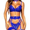 imageRSLOVE Womens Lingerie Sets with Garter Belt 3 Piece Sexy Lace High Waist Bra and Panty Set Push Up Exotic SleepwearBlue