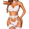imageRSLOVE Womens Lingerie Sets with Garter Belt 3 Piece Sexy Lace High Waist Bra and Panty Set Push Up Exotic SleepwearWhite