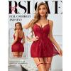 imageRSLOVE Lace Babydoll Lingerie for Women  Sexy Chemise V Neck Sleepwear Mesh Nightgown Strap Boudoir Nightwear with GarterWine Red