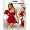imageRSLOVE Lace Babydoll Lingerie for Women  Sexy Chemise V Neck Sleepwear Mesh Nightgown Strap Boudoir Nightwear with GarterWine Red