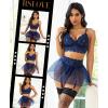 imageRSLOVE Lingerie Sets for Women Sexy  Lingerie for Women Lace Bra and Panty 3 Piece With Garter Belt Mesh Mini SkirtNavy Blue