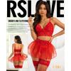 imageRSLOVE Lingerie Sets for Women Sexy  Lingerie for Women Lace Bra and Panty 3 Piece With Garter Belt Mesh Mini SkirtRed