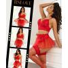 imageRSLOVE Lingerie Sets for Women Sexy  Lingerie for Women Lace Bra and Panty 3 Piece With Garter Belt Mesh Mini SkirtRed