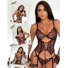 imageRSLOVE Womens Lingerie Set Sexy  Lace Bodysuit Garter Teddy Lingerie Deep V with Wrist Band 3 Piece MeshBlack
