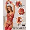 imageRSLOVE Womens Lingerie Set Sexy  Lace Bodysuit Garter Teddy Lingerie Deep V with Wrist Band 3 Piece MeshRed