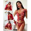 imageRSLOVE Womens Lingerie Set Sexy  Lace Bodysuit Garter Teddy Lingerie Deep V with Wrist Band 3 Piece MeshRed
