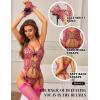 imageRSLOVE Womens Lingerie Set Sexy  Lace Bodysuit Garter Teddy Lingerie Deep V with Wrist Band 3 Piece MeshRed Rose