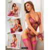 imageRSLOVE Womens Lingerie Set Sexy  Lace Bodysuit Garter Teddy Lingerie Deep V with Wrist Band 3 Piece MeshRed Rose