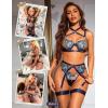 imageRSLOVE Womens Sexy Lingerie Set with Garter Belt Underwire Floral Embroidered 3 Piece Bra and Panty Sets Lace BabydollBlue