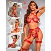 imageRSLOVE Womens Sexy Lingerie Set with Garter Belt Underwire Floral Embroidered 3 Piece Bra and Panty Sets Lace BabydollRed