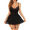 imageRSLOVE Lace Babydoll Lingerie for Women  Sexy Chemise V Neck Sleepwear Mesh Nightgown Strap Boudoir Nightwear with GarterBlack